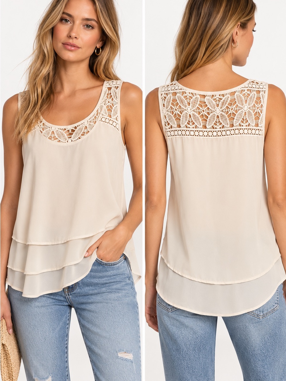 ASTR The Label S Ivory Crochet Lace Layered High Low Tank Blouse